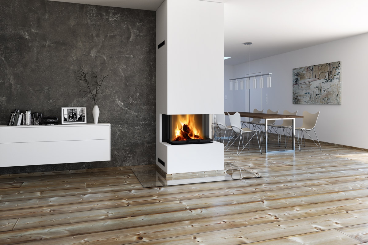 HEAT C 3g L 65.52.31.01(21) - Dreiseitiger Kamineinsatz mit hochschiebbarer Tür und gebogener (geteilter) Glasscheibe