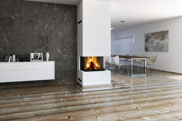 HEAT C 3g L 65.52.31.01(21) - Dreiseitiger Kamineinsatz mit hochschiebbarer Tür und gebogener (geteilter) Glasscheibe
