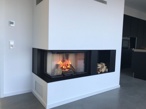 HEAT R/L 3g L 65.51.40.01(21) - Eckiger Kamineinsatz mit hochschiebbarer Tür und gebogener (geteilter) Glasscheibe