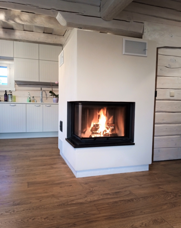 HEAT R/L 3g L 65.51.40.01(21) - Eckiger Kamineinsatz mit hochschiebbarer Tür und gebogener (geteilter) Glasscheibe
