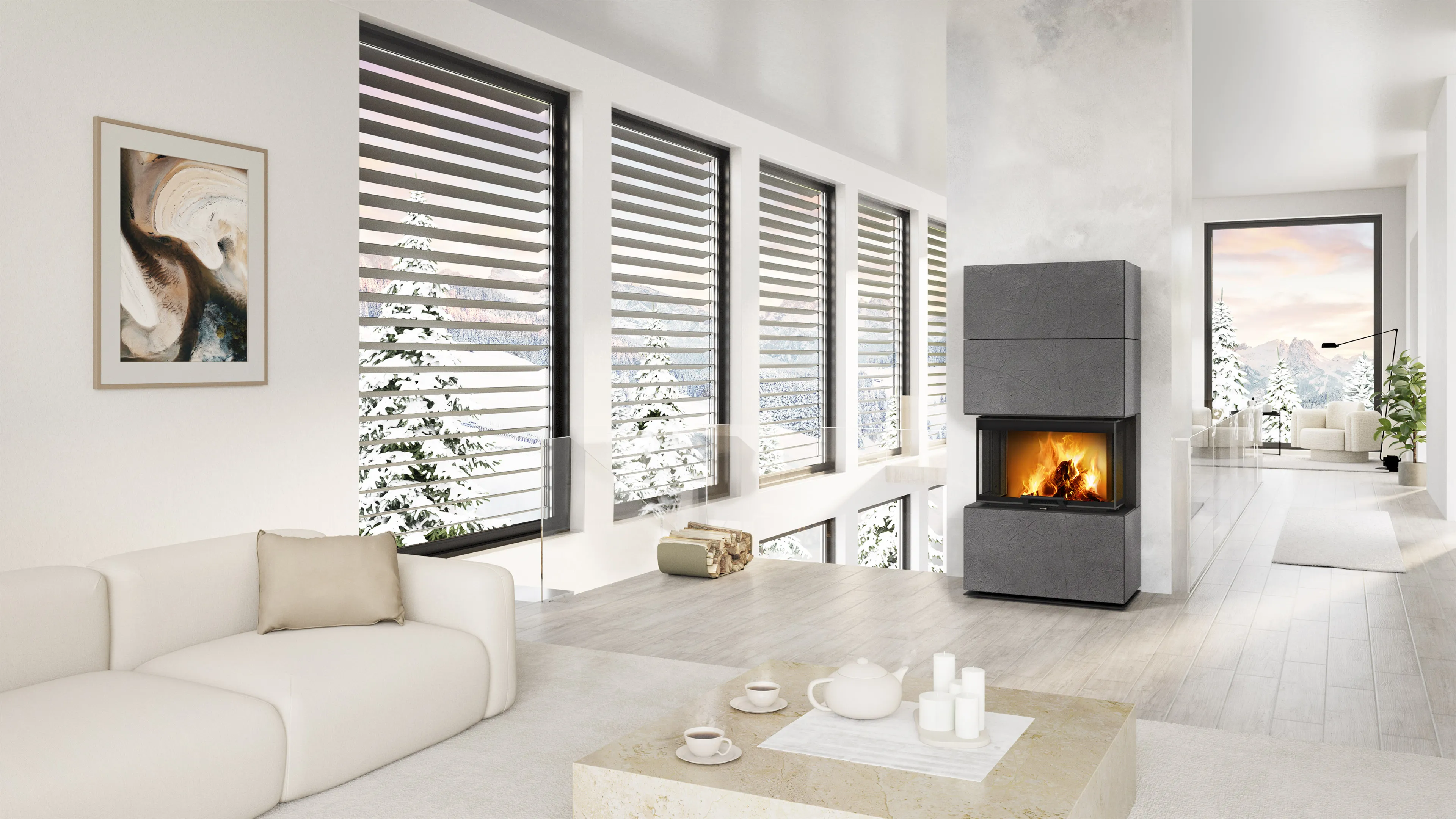 [GR: CARA C thermaline grey 62 - designový akumulační krb s výsuvnými dvířky Romotop]