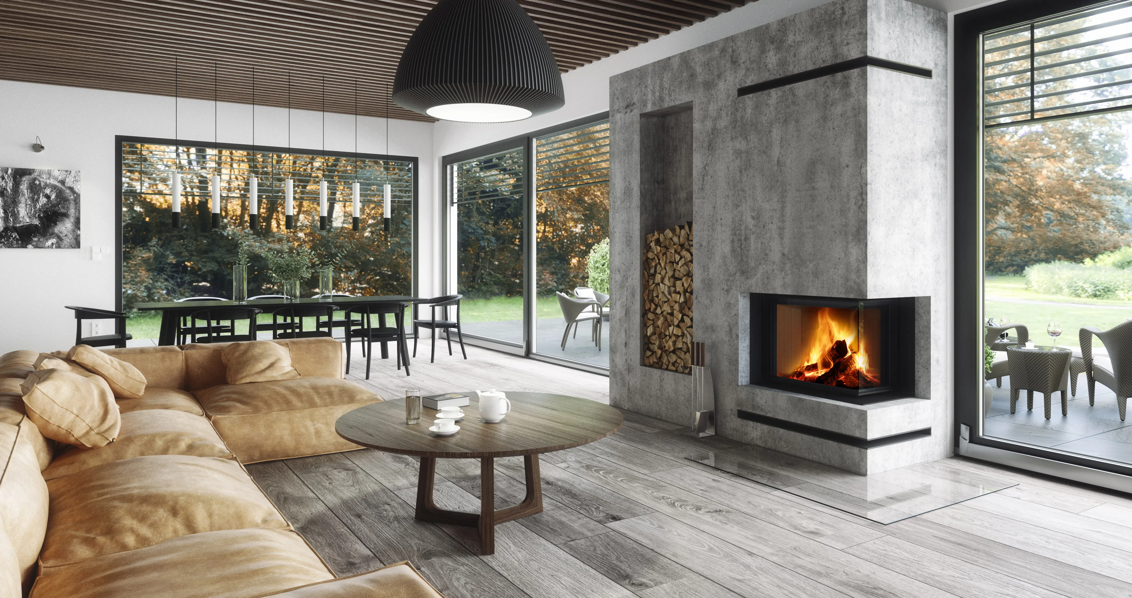 IMPRESSION R 3G L 63.51.38.14 - Romotop corner fireplace insert with lifting door and split glazing